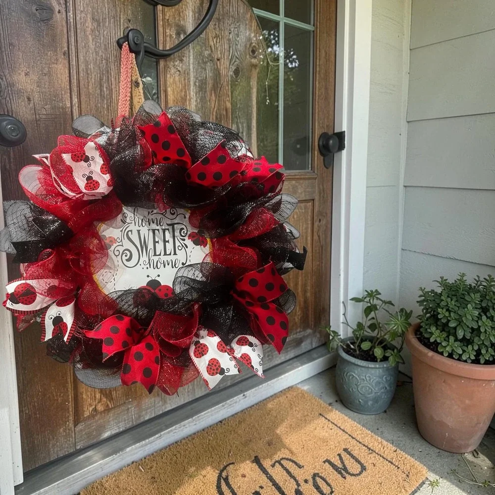 Handmade Ladybug Wreath: Vibrant Red Black Decor Welcome Friends